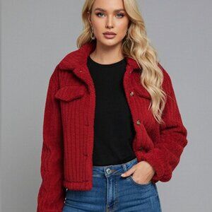 Teddy Front Button Long Sleeve Jacket Red